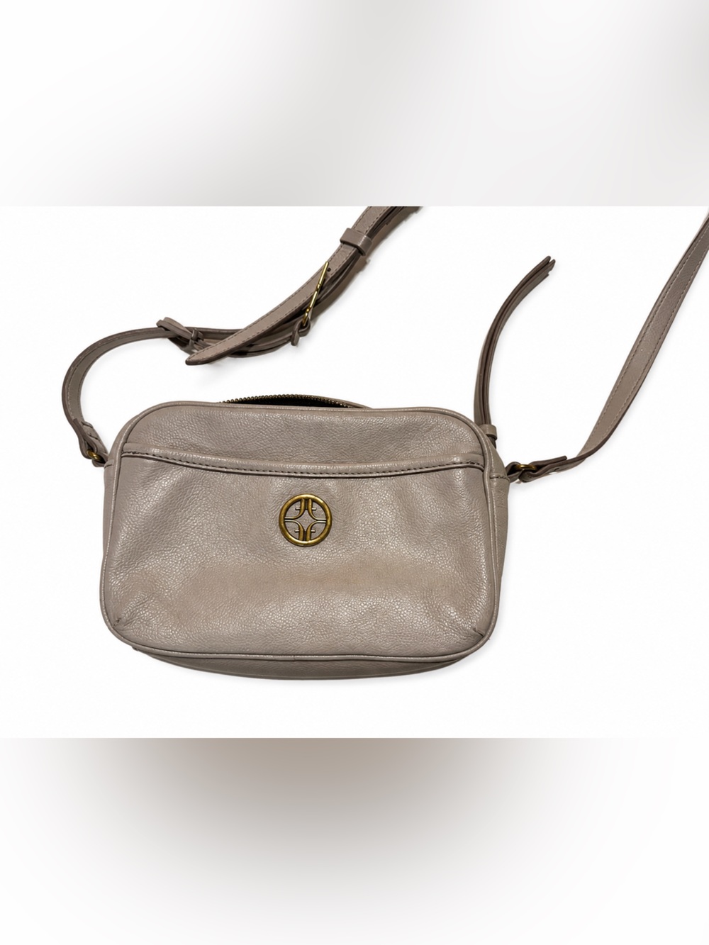 Fossil Taupe Crossbody Bag Leather Trim Camera Purse Key Charm Gold Tone